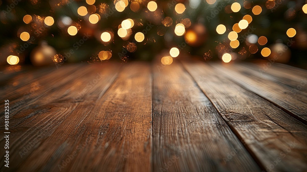 Rustic Wooden Tabletop with Defocused Golden Lights