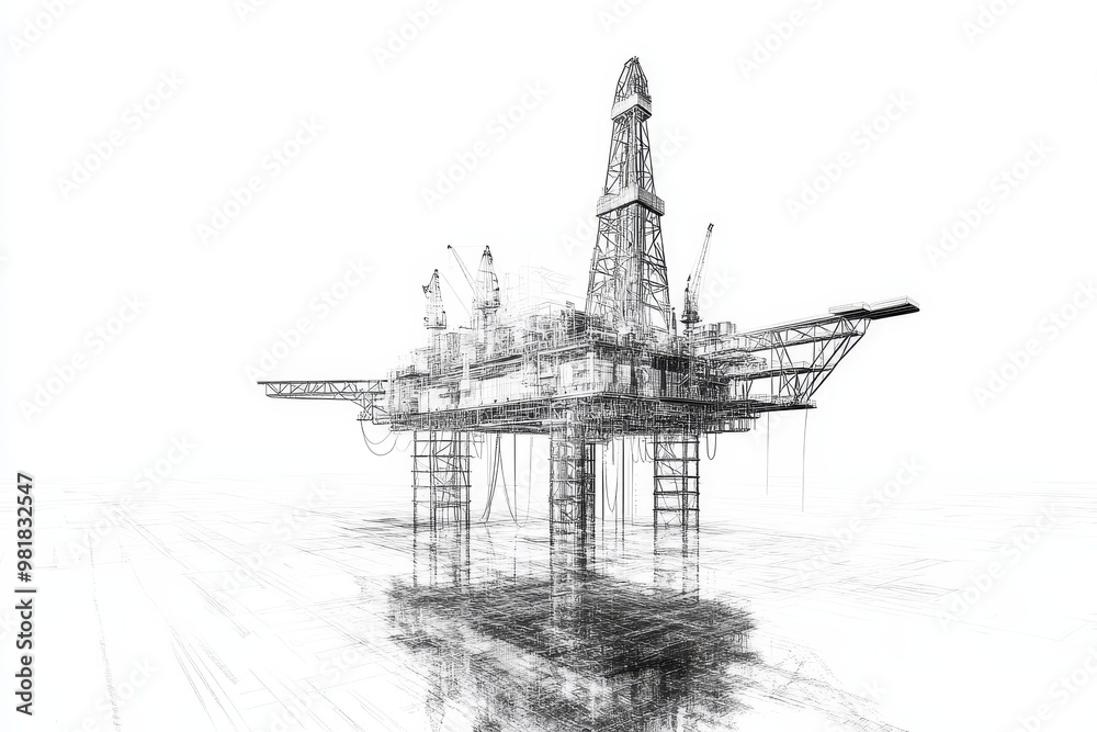 Obraz premium Oil rig platform sketch on a white background.