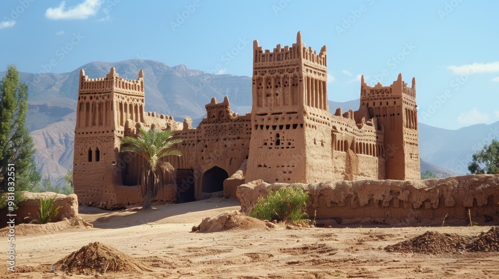 Fototapeta premium Majestic Fortified Desert Castle with Towering Walls and Spires