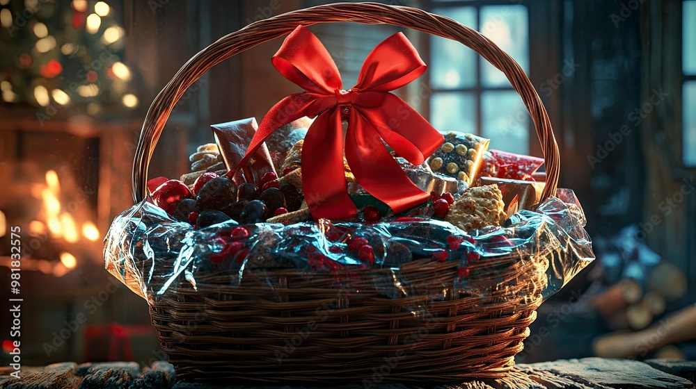 attractive view of A beautifully arranged gift basket filled with gourmet treats, wrapped in cellophane and adorned with a large red ribbon. attractive view of A beautifully arranged gift basket filled with gourmet treats, wrapped in cellophane and adorned with a large red ribbon.