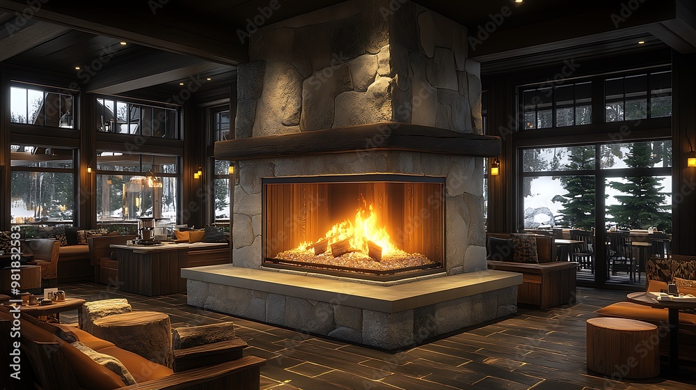 A cozy mountain cabin-style coffee shop with warm wooden furniture, a large stone fireplace, and rustic decor. Soft lighting from the fire and natural materials create a warm, A cozy mountain cabin-style coffee shop with warm wooden furniture, a large stone fireplace, and rustic decor. Soft lighting from the fire and natural materials create a warm,