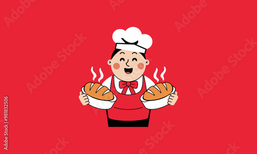 Cartoon chef holding two steaming loaves of bread, smiling happily.