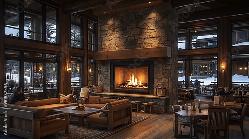 Wallpaper Mural A cozy mountain lodge coffee shop with warm wooden furniture, a large stone fireplace, and soft lighting. The rustic decor and firelight create a welcoming, comfortable retreat  --ar 16:9 --no logo Torontodigital.ca