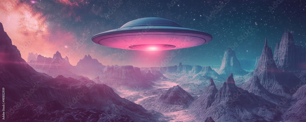 UFO hovering over alien landscape with glowing UFO hovering over alien landscape with glowing