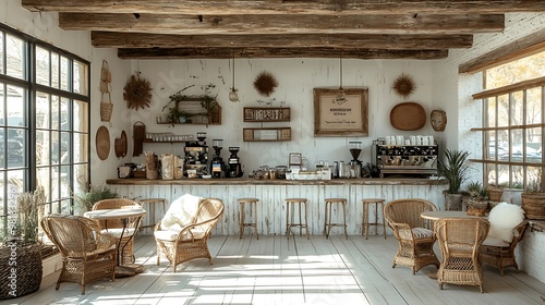 A farmhouse chic coffee shop with distressed white walls, wooden beams, wicker chairs, and rustic decor. Sunlight pours through large windows, illuminating the cozy,