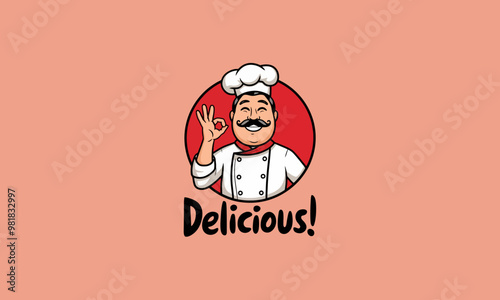 Smiling chef with mustache gives OK sign and says Delicious photo