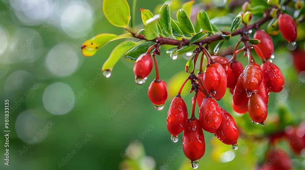 Red barberry berries on a branch with thorns after rain. Close up of the barberry bush with a harvest of red berries. An ingredient of Georgian cuisine Red barberry berries on a branch with thorns after rain. Close up of the barberry bush with a harvest of red berries. An ingredient of Georgian cuisine