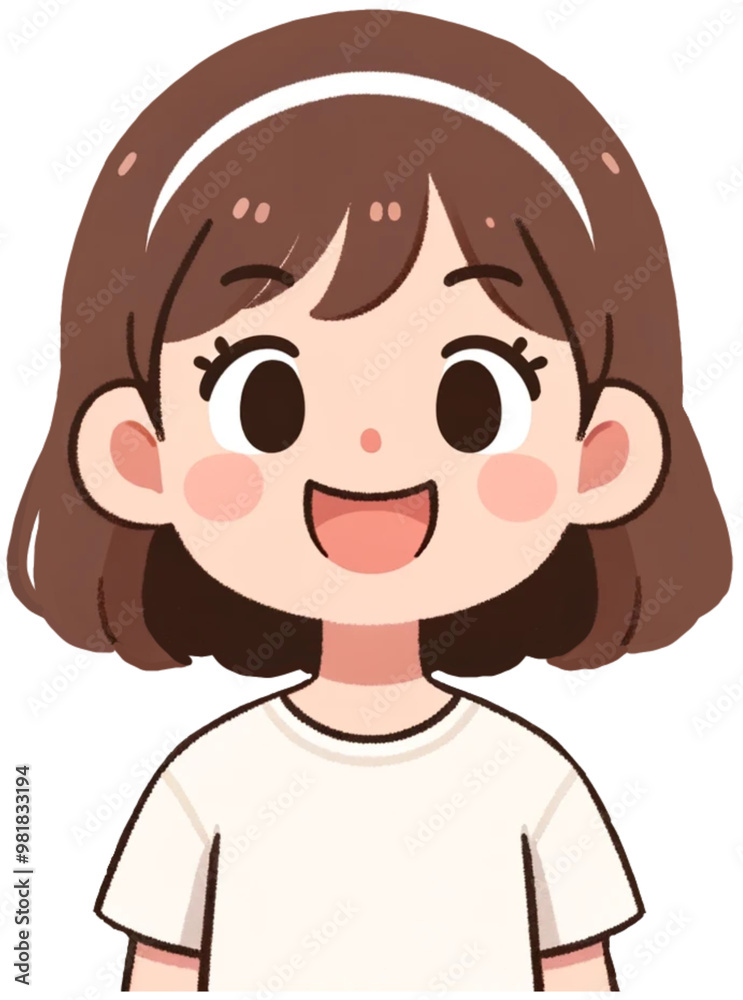 A cheerful and simple illustration of a young girl smiling broadly, designed in a very cute and minimalist cartoon style. The illustration should incl copy A cheerful and simple illustration of a young girl smiling broadly, designed in a very cute and minimalist cartoon style. The illustration should incl copy