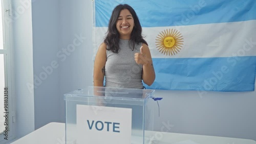 A young woman stands in an indoor electoral room with an argentine flag, pointing and smiling at the camera, near a voting box, emphasizing the importance of participating in the election.
