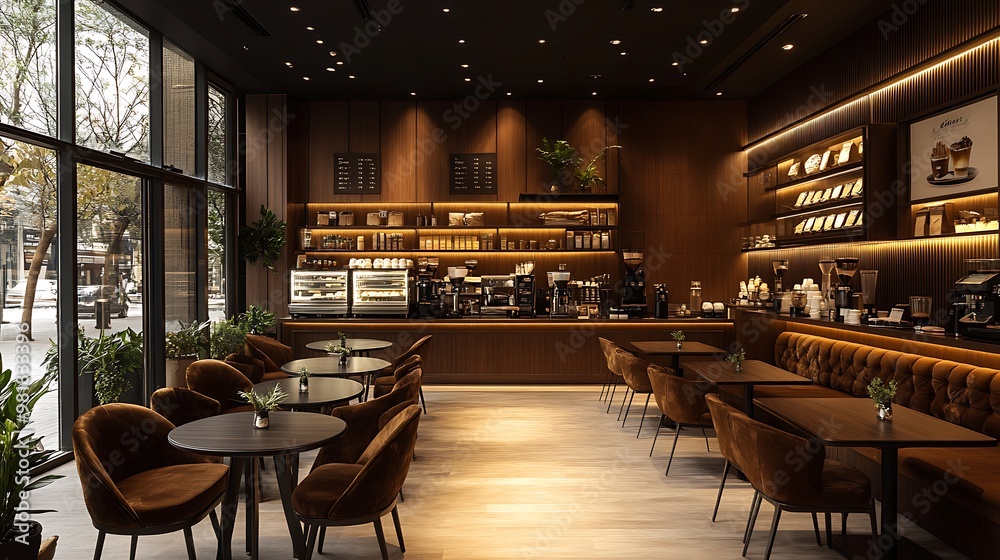 Obraz premium A modern elegant coffee shop featuring sleek lines, dark wood tables, and plush velvet seating. The sophisticated space is illuminated by warm lighting,