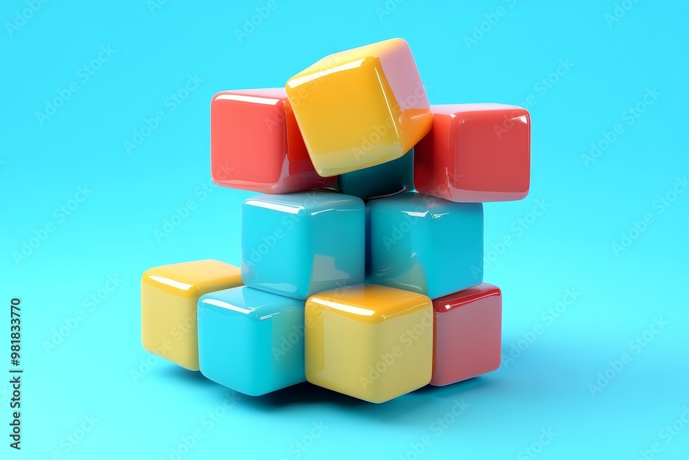 Colorful glossy cubes stacked in a random pattern on a blue background. Colorful glossy cubes stacked in a random pattern on a blue background.