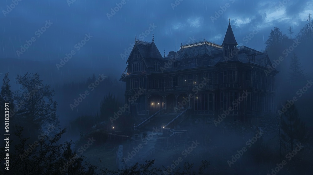 Majestic Gothic Castle Shrouded in Mysterious Mist and Moody Atmosphere Majestic Gothic Castle Shrouded in Mysterious Mist and Moody Atmosphere