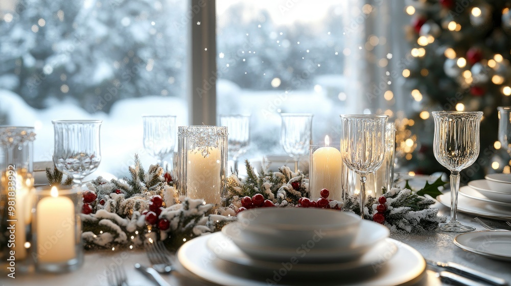 A beautifully set Christmas dinner table with silver and white decorations, featuring a centerpiece of candles and holly. A snowy landscape is visible through the window. A beautifully set Christmas dinner table with silver and white decorations, featuring a centerpiece of candles and holly. A snowy landscape is visible through the window.