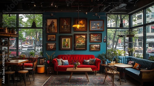 An artistic coffee shop with gallery walls featuring local artists' work, mismatched vintage furniture, and bold, vibrant color accents. The cozy space is bathed in natural light,