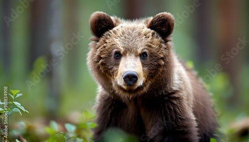 Intriguing portrait of a young Eurasian Brown bear amidst lush forest greenery