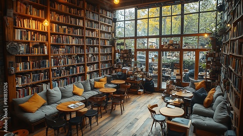 Bookshop café with bookshelves surrounding small wooden tables, overstuffed armchairs, and warm lighting. The cozy,