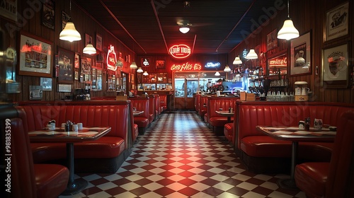 Classic retro coffee shop with red leather booths, checkered tile floors, and neon signs. The vintage Americana atmosphere is warm and cozy,