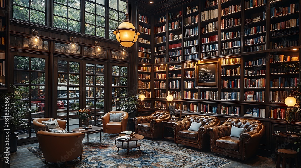 Obraz premium Coffee shop designed like a vintage library, featuring dark wooden shelves packed with books, leather chairs, and soft, glowing lamps.