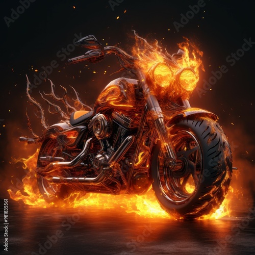 motorcycle located in a burning flame Created with Generative AI technology.