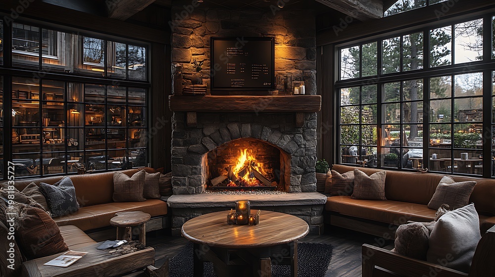 Coffee shop interior with a cozy cabin aesthetic, featuring wooden furniture, a stone fireplace, and rustic decor. Warm tones and the glow of the fire create a peaceful, Coffee shop interior with a cozy cabin aesthetic, featuring wooden furniture, a stone fireplace, and rustic decor. Warm tones and the glow of the fire create a peaceful,