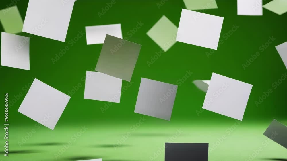 Several sheets of paper are chaotically floating in the air, creating an image of chaos and disorder against a uniform green background Several sheets of paper are chaotically floating in the air, creating an image of chaos and disorder against a uniform green background