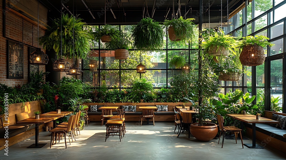 Fototapeta premium Coffee shop interior with an urban jungle theme, featuring hanging plants, large potted trees, and rustic wood furniture. Natural light illuminates the cozy,