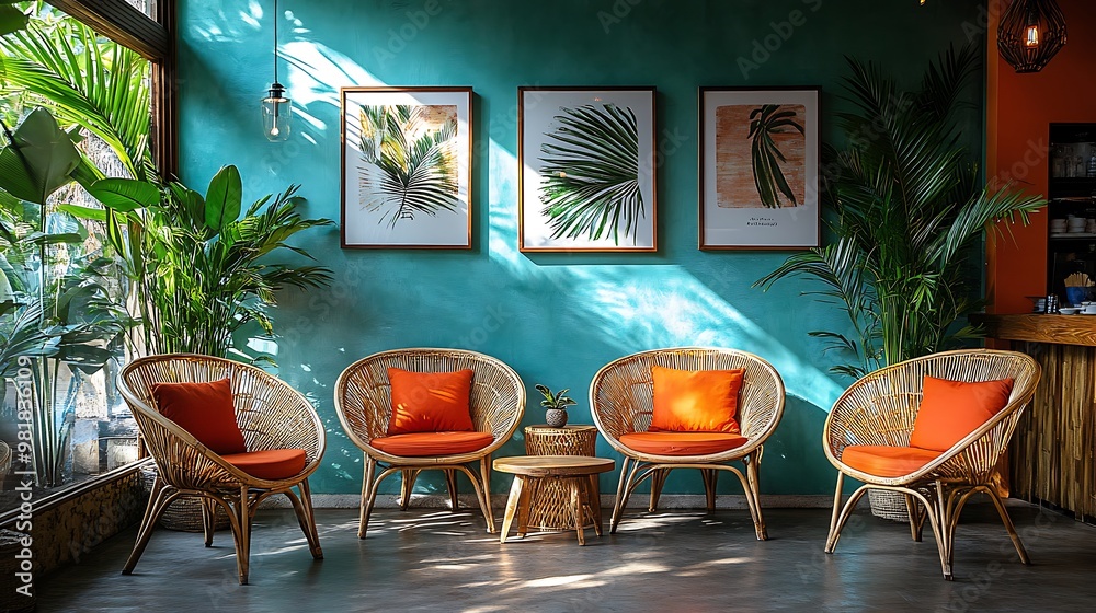Obraz premium Coffee shop interior with tropical vibes, featuring vibrant colors, rattan chairs, and palm plants. Soft natural light and warm wooden accents create a bright, sunny,