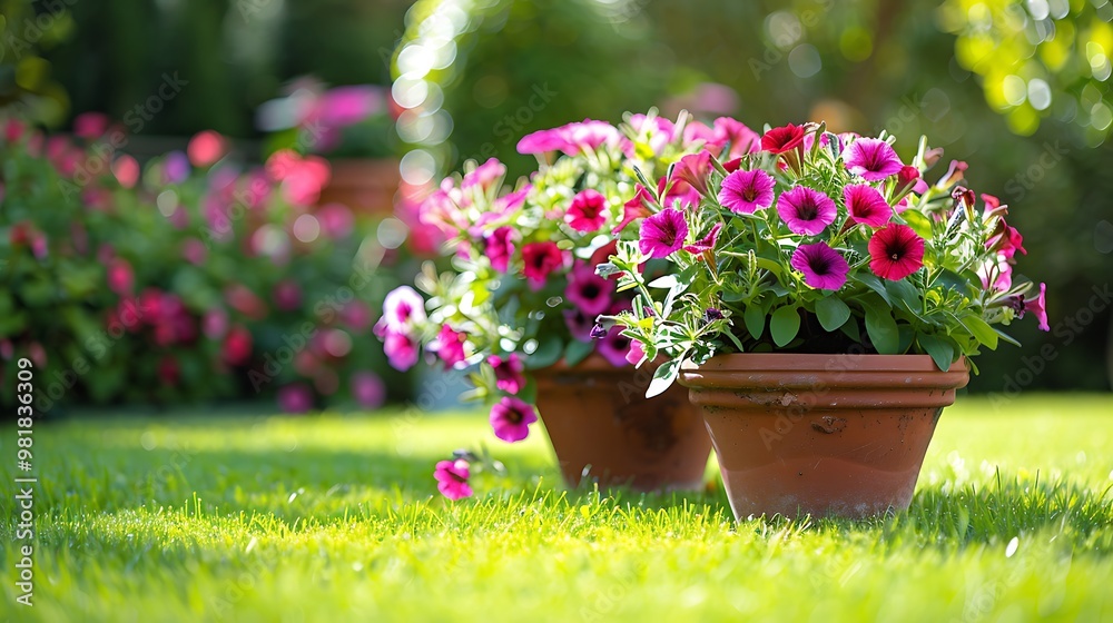View of two pots of vibrant petunias on lush green grass, showcasing a charming garden scene View of two pots of vibrant petunias on lush green grass, showcasing a charming garden scene