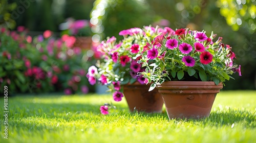 View of two pots of vibrant petunias on lush green grass, showcasing a charming garden scene