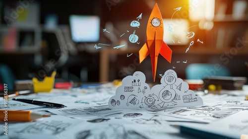 Launching Ideas into Success: Conceptual Paper Rocket Soaring from Hand-Drawn Sketches of Business Brainstorming, Creative Transformation Process Displayed on Table photo