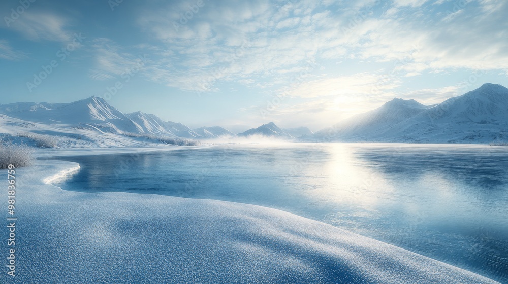 A Tranquil Winter Scene with Snowy Mountains and a Frozen Lake A Tranquil Winter Scene with Snowy Mountains and a Frozen Lake