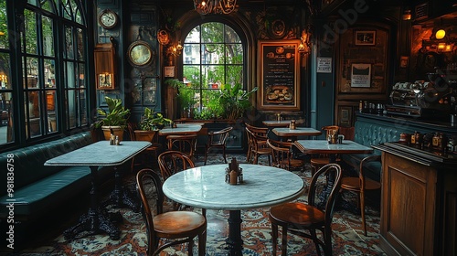 Cozy Parisian café with marble tables, wrought iron seating, and ornate light fixtures. The soft lighting and vintage decor create a charming,