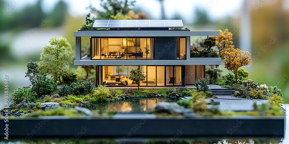Modern house miniature with solar panels, green roof, and pond. Eco ...