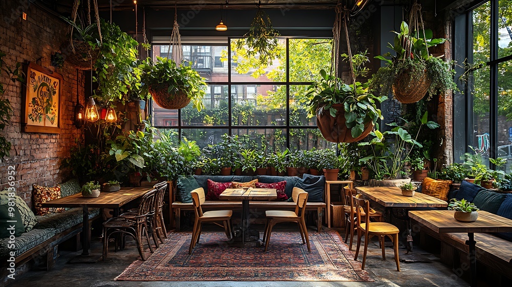 Fototapeta premium Cozy urban jungle coffee shop with an abundance of green plants, hanging planters, and large potted trees. Rustic wooden tables and natural light enhance the nature-infused,