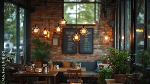 Cozy, rustic coffee shop interior with vintage wooden furniture, brick walls, hanging Edison bulbs, and potted plants.