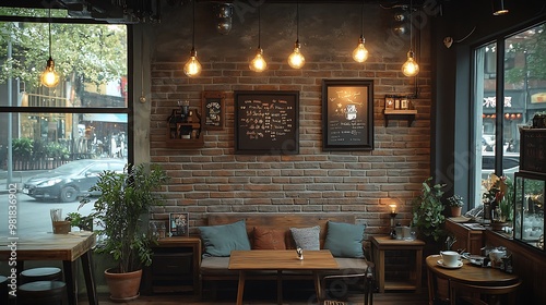 Wallpaper Mural Cozy, rustic coffee shop interior with vintage wooden furniture, brick walls, hanging Edison bulbs, and potted plants. Torontodigital.ca