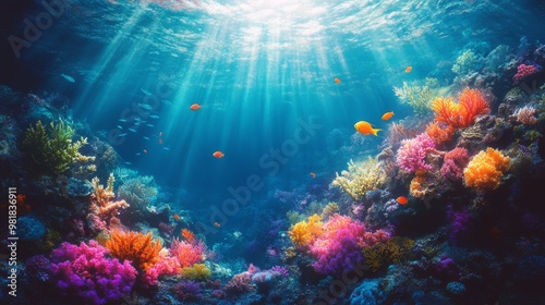 Vibrant Coral Reef with Sunlight and Fish