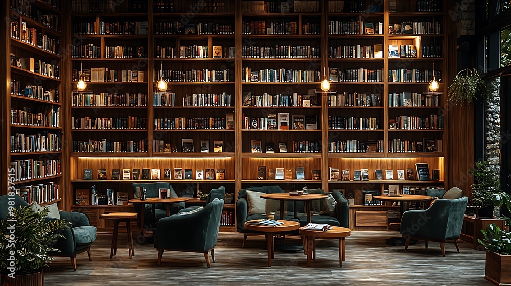 Obraz premium Interior of a bookshop café with wooden bookshelves, small tables, and cozy armchairs. Warm lighting and soft natural light create a serene,