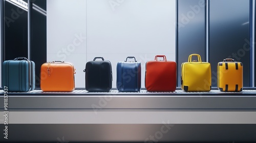 collection of luggage rolling along an airport baggage conveyor