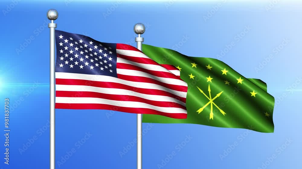 USA and Adygea flag waving on pole seamless loop USA and Adygea flag waving on pole seamless loop