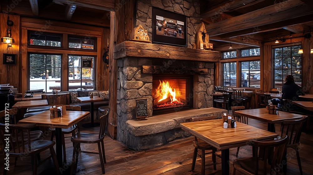 Fototapeta premium Interior of a cozy cabin-inspired coffee shop with wooden beams, a crackling stone fireplace, and rustic wooden tables.
