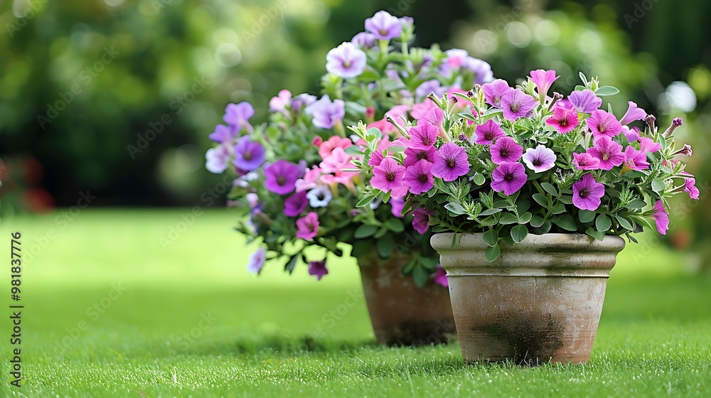 View of two pots of vibrant petunias on lush green grass, showcasing a charming garden scene View of two pots of vibrant petunias on lush green grass, showcasing a charming garden scene