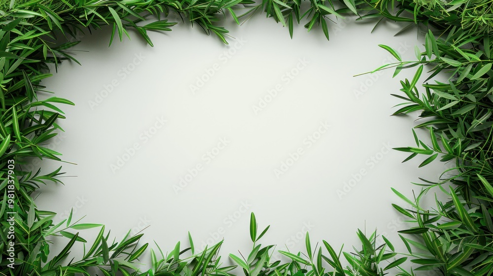 Rectangular frame created of green grass leaves, intricately arranged around the edges of a clean white background Rectangular frame created of green grass leaves, intricately arranged around the edges of a clean white background