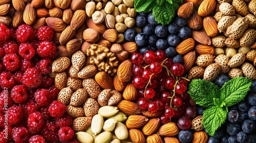 A colorful assortment of nuts and berries, showcasing a healthy and vibrant snack option perfect for any diet.