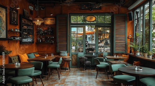 Mediterranean-inspired coffee shop with terracotta tones, olive green furnishings, and wooden shutters on the windows.