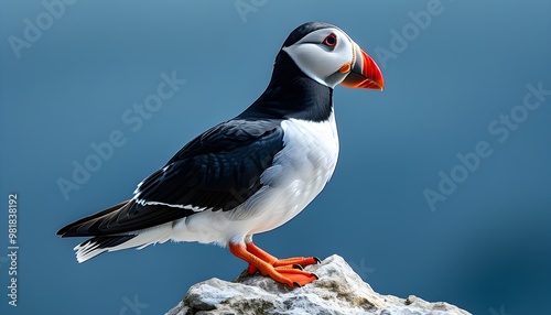 Striking black guillemot with vivid red feet resting atop a rocky outcrop against a serene blue backdrop photo