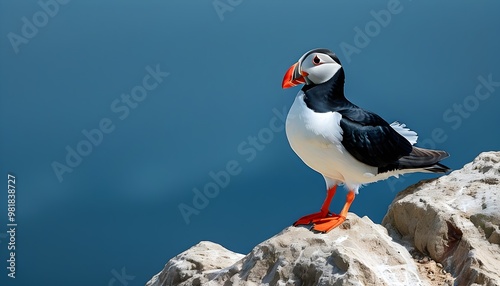 Striking black guillemot with vivid red feet resting atop a rocky outcrop against a serene blue backdrop photo