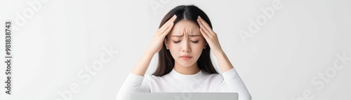 Asian businesswoman holding her head, empty bank account displayed on laptop, pure white background, bankruptcy, economic downturn, digital financial failure