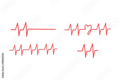 Set of heartbeat line. Red Heart rate pulse rhythm. Flat decorative vector design isolated illustration.
