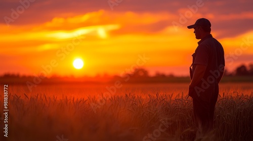 10. Silhouette of a farmer analyzing the grain harvest in a wheat field at dusk, with vibrant colors of the sunset creating a serene scene